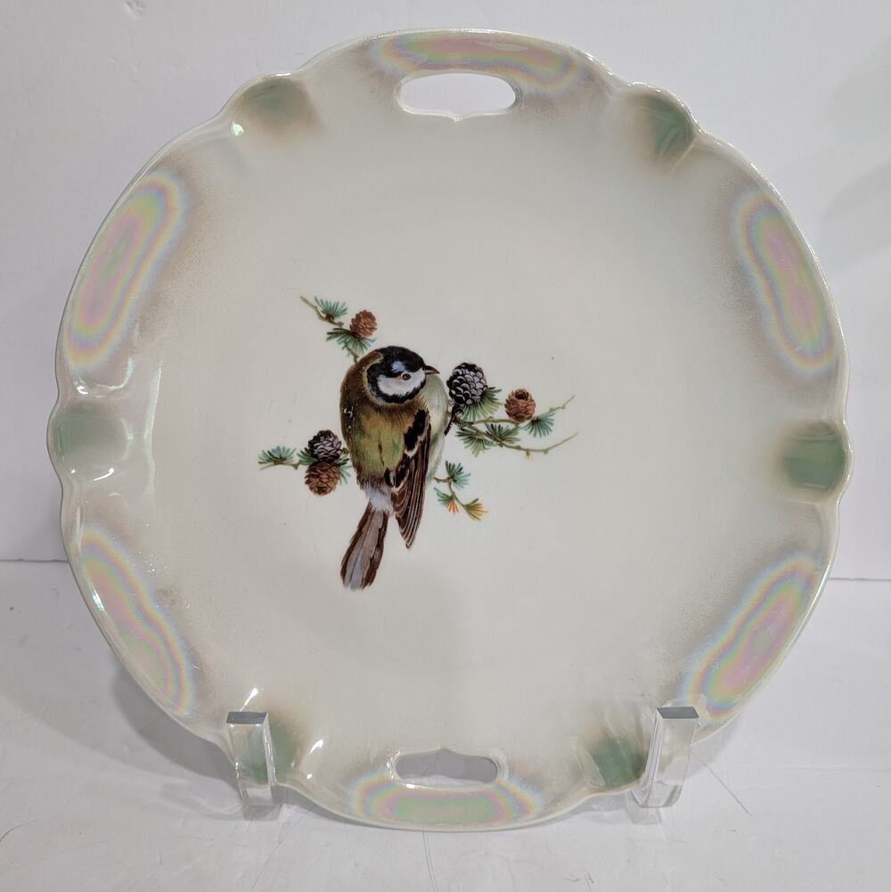 Vintage Oremont Bavaria Handled Plate Lusterware Songbird Chickadee Pine